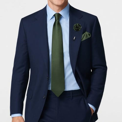 Solid Color Tie and Pocket Square with Tie Clip Lapel Pin Silk Formal Necktie Set Wedding Formal - color: Olive Green