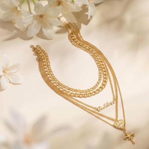 Gold-Tone Layered Necklace Set for Women Chunky Stack Big Coin Heart & Geometric Pendant Paperclip Cuban Chain Non Tarnish Fashion Elegant Layering Statement Jewelry Piece for Her