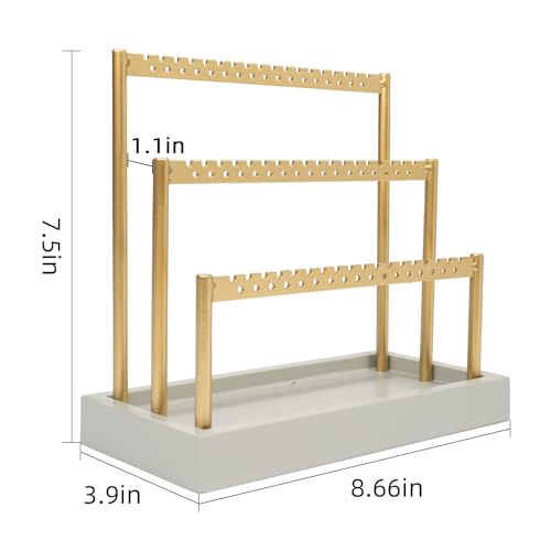 SANY DAYO HOME 3-Tier Earring Holder Organizer Stand, 105 Holes Gold Metal Earring Rack Jewelry Display Tree with Gray Wood Tray for Women and Girls - color: Gold Rack Gray Base