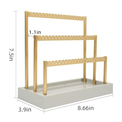 SANY DAYO HOME 3-Tier Earring Holder Organizer Stand, 105 Holes Gold Metal Earring Rack Jewelry Display Tree with Gray Wood Tray for Women and Girls - color: Gold Rack Gray Base