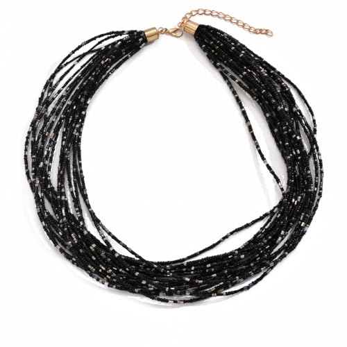 Colorful Multi-layered Seed Beaded Necklace Choker For Women Bohemian Handmade Crystal Stone Gemstone Hawaiian Necklace Holiday Birthday Summer Beach Jewelry Gift - color: Black White