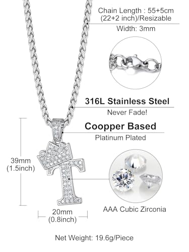 Richsteel Silver Crown Initial A-Z Letter Pendant Necklace for Men Women | Cubic Zirconia Monogram, 316L Steel Chain, 22" + 2" Extender,Hypoallergenic,Gift Box, Hip Hop Jewelry - style: T