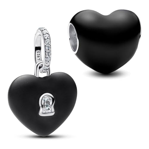 S925 Sterling Silver Enamel Colorful Heart Charm Fit Bracelets Necklaces | Black Pink Blue Green Red Enamel Heart Charms DIY Fashion Holiday Jewelry Gift Valentines Day & Anniversary for Women - color: Black Heart Charm 2-piece Set