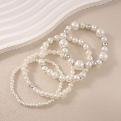 4/8 Pack Pearl Bracelets for Women Simulated Pearl Beaded Stackable Bracelet Set White Pearls Stretch Bracelet Set Multilayered Elastic Pearls Bracelets Bangles for Women Bridal Boho Jewelry - color: Silver