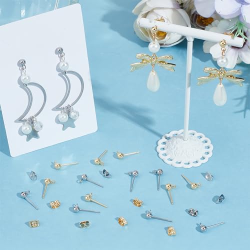 Beebeecraft 100Pcs 2 Colors Ball Post Earring Findings 24K Gold Plated Stainless Steel Globosity Round Stud Earrings with Loop Ear Nuts for Jewelry Earrings Making, 4mm Ball - color: Gold & Stainless Steel Color