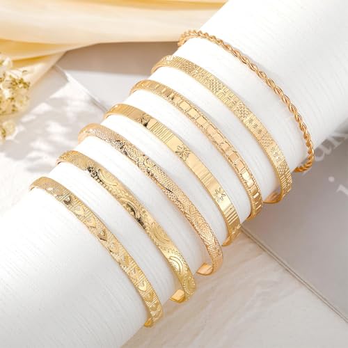 Gold Bangle Bracelets For Women Gold Plated Multi Layer Stackable Cuff Bracelet Set Non Tarnish Trendy Jewelry Gift - color: Gold 7pcs
