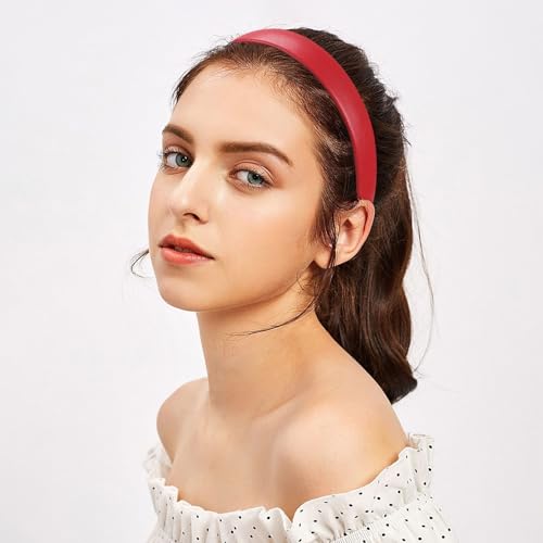 WantGor 1 Inch PU Leather Headband, Wide Padded Hairband Fashion Hair Bands | Cute Womens Headbands Holiday DIY Hair Accessories - color: Red