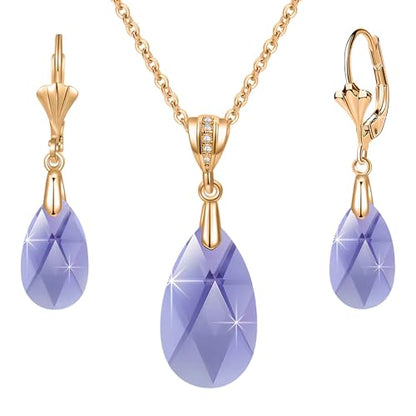 Austrian Crystals Teardrop Pendant Necklace Earrings for Women 14K Gold Plated Hypoallergenic Leverback Drop Dangle Earrings Jewelry Set - color: Tanzanite