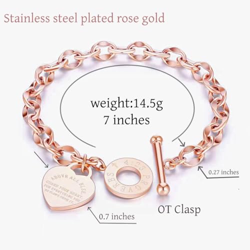 Charm Bracelet for Women 18k Gold/Silver/Rose Gold Plated Love Heart Elegant OT Clasp Stainless Steel Green Bag Packaging Jewelry Gift Birthday - color: Rose Gold, size: 7 inch