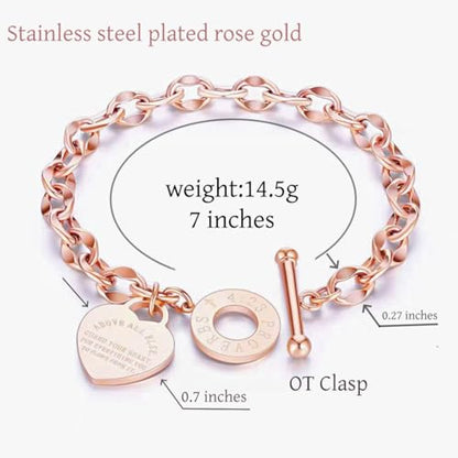 Charm Bracelet for Women 18k Gold/Silver/Rose Gold Plated Love Heart Elegant OT Clasp Stainless Steel Green Bag Packaging Jewelry Gift Birthday - color: Rose Gold, size: 7 inch