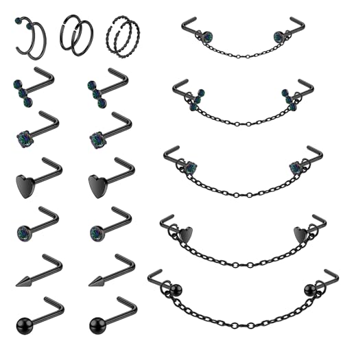 20G Nose Rings Studs with Chain Piercing Across Double Nose Stud Nose Hoop Spike Heart Ball CZ Surgical Steel Nostril Piercing Jewelry for Women Men, Black Silver Gold - color: BK-L