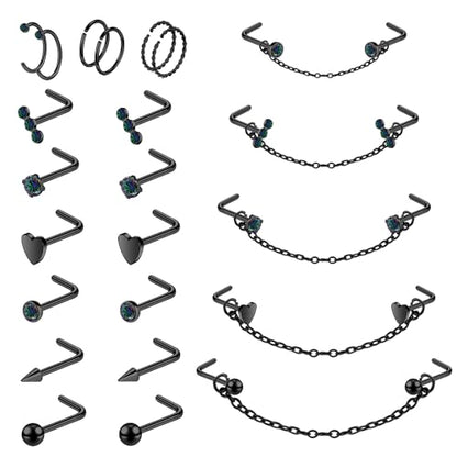 20G Nose Rings Studs with Chain Piercing Across Double Nose Stud Nose Hoop Spike Heart Ball CZ Surgical Steel Nostril Piercing Jewelry for Women Men, Black Silver Gold - color: BK-L