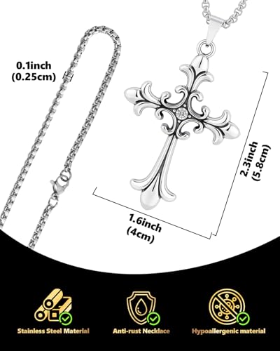Stainless Steel Gothic Y2K Punk Rock Emo Biker Pendant Necklace | Cosplay Vintage Viking Alt Edgy Fashion Charm Necklace Jewelry for Men Women Active Daily Wear - style: Fleur de Lis Rhinestones Cross