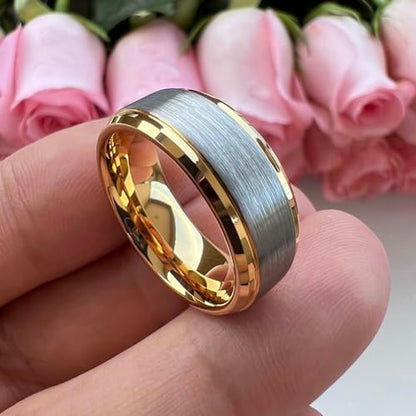 TUTISS 6mm 8mm Tungsten Rings for Men Women Fashion Engagement Wedding Bands Brushed Finish Stepped Beveled Edges Comfort Fit - color: 8mm Gold Tungsten Silver Top