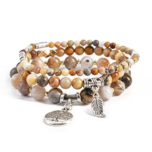YGLINE Tree of Life Yoga Healing Stone Bracelets,Multilayer Lotus Chakra Stone Reiki Bracelet Sets,Anxiety Crystal Natural Stone,for Women Stress Relief - color: agate-3w