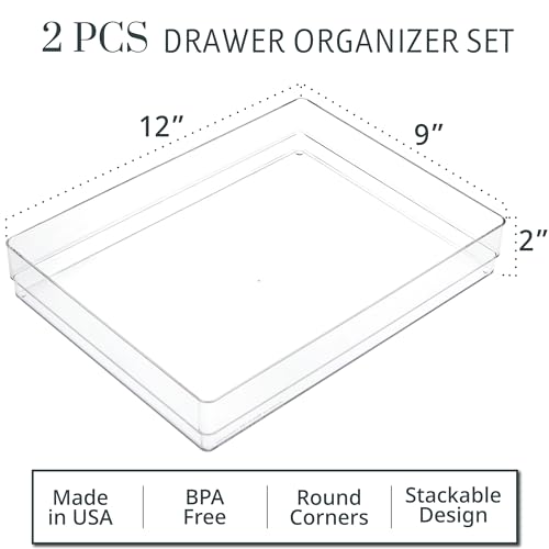 STORi SimpleSort 2-Piece Stackable Clear Drawer Organizer Set | 12" x 9" x 2" Rectangle Trays | Wide Makeup Vanity Storage Bins and Office Desk Drawer Dividers | Made in USA - size: 12x9x2"