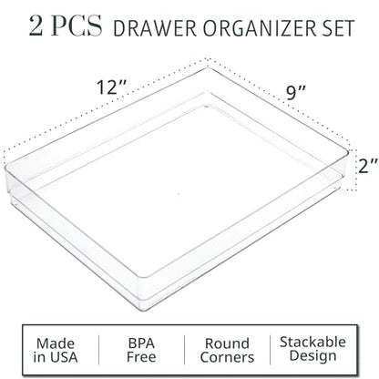 STORi SimpleSort 2-Piece Stackable Clear Drawer Organizer Set | 12" x 9" x 2" Rectangle Trays | Wide Makeup Vanity Storage Bins and Office Desk Drawer Dividers | Made in USA - size: 12x9x2"