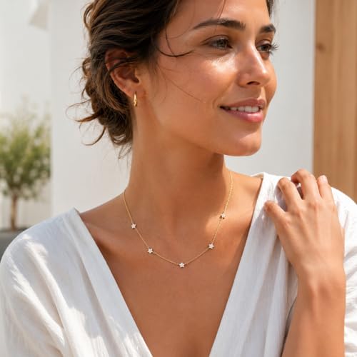 Dainty Silver Gold Necklaces for Women Cute Station Choker Simulated Diamond Necklace Simple Layering CZ Necklace Trendy Jewelry Gifts - color: Gold, style: Star