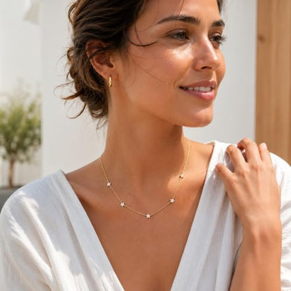 Dainty Silver Gold Necklaces for Women Cute Station Choker Simulated Diamond Necklace Simple Layering CZ Necklace Trendy Jewelry Gifts - color: Gold, style: Star