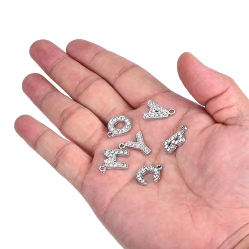 MECCANIXITY Alphabet A-Z Letter Charm Jewelry Rhinestones Initial Pendant for Jewelry Making, Bracelet, Craft, Pack of 26, Silver