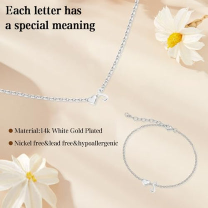 Gold Bracelets For Women Heart Initial Letter Pendant Necklace and Bracelet Set Personalized Jewelry Sets for Women Birthday Gifts for Mom Her Daughter Initial Necklace 14K Silver Plated - style: Silver-S