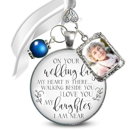 Bouquet Charm On Your Wedding Day Memorial Honoring Mom Dad Grandma Grandpa Meaningful Bridal Floral Jewelry Silver Finish Pendant Bride's Flowers Photo Frames Parent Grandparent - color: Blue Bead, style: My Daughter | 1 Frame