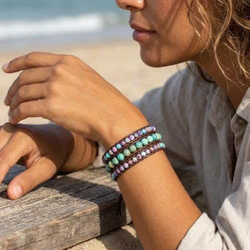 YGLINE Boho Handmade Natural Stone Bead 3 Row Wide Wrap Wrist Statment Bracelet Jewelry Collection - color: Regalite