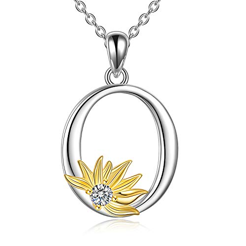 POPLYKE Initial Sunflower Necklace for Women 925 Sterling Sliver Sunflower Pendant Necklace Letter Initial Pendant Chain - style: Sunflower O