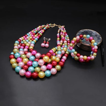 Faux Big Pearl Srand Necklaces for Women 5 Layers Pearls Choker Bib Collar Necklace Bracelet and Earrings set 1920s Costume Pearl Jewelry Bridal Wedding - color: colorful pink