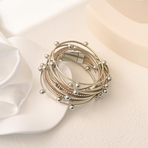VIBILIA Boho Leather Wrap Bracelets for Women Multi-Layer Bracelets | With Strong Clasp Jewelry for Women - color: 07-Beads-Khaki