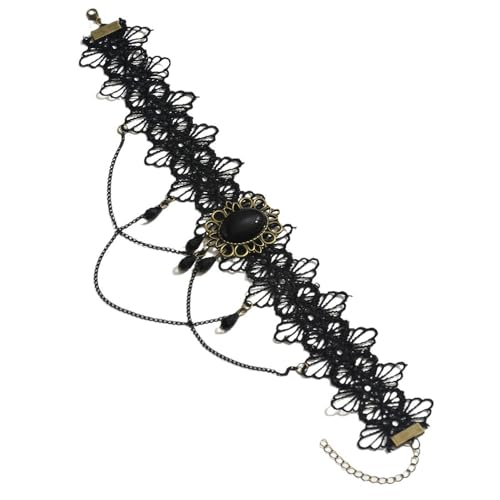 Gothic Lace Choker Necklace for Women, Pearl Sexy Tassel Adjustable Choker Necklace, Boho Halloween Jewelry for Festival Party Cosplay Costume Gifts - color: black Layered Chain Pendant