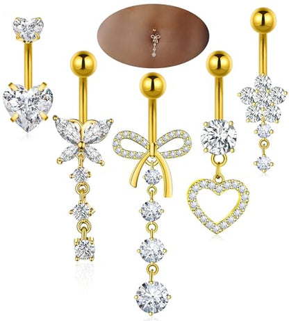 BSJ4U Belly Button Ring Dangle Navel Belly Piercing Jewelry Cute Pink CZ Heart Butterfly Bow Flower Navel Belly Rings for Women 14G Silver Stainless Steel Dainty Dangly Dangling Belly Button Piercing - color: Gold Belly Button Rings