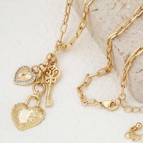 Chunky Gold Necklace for Women, 18K Waterproof Heart Necklace Statement Necklace Gold Charm Necklace Chunky Jewelry Paperclip Chain Choker Gift for Women - style: Heart Lock & Key