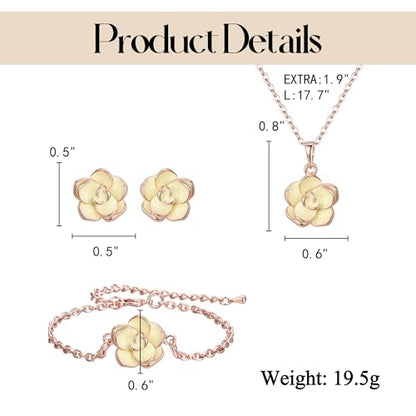 EleQueen Rose Flower Necklace Earrings Bracelet Set for Women - color: Light Yellow-Rose Gold