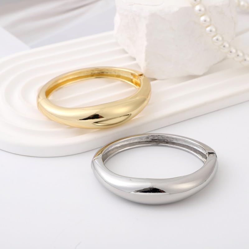 Chunky Gold Bangles Bracelets for Women Trendy Stack Statement Bangle Irregular Cuff Bracelets Fashion Jewelry Gift - color: Gold1+Silver1