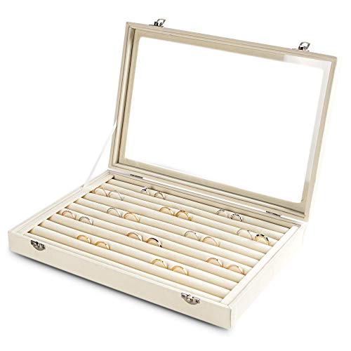 Frebeauty 10 Slots Ring Organizer Tray,Velvet Ring Box with Clear Lid | Velvet Lining,Fits Various Rings and Stud,Glass Lid,Dustproof Design,for Personal Use and Jewelry Display,for Women Girls - color: Beige, size: 10 Slots