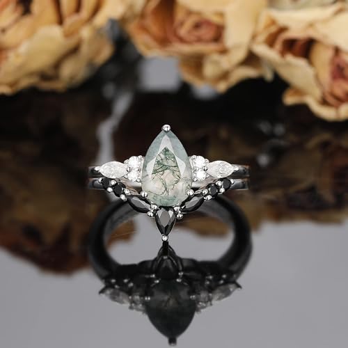 Moss Agate Bridal Wedding Rings Set for Women 925 Sterling Silver | Plated Platinum/Black Gold, Gothic, Vintage, Engagement Promise Ring, Anniversary Valentine Day Birthday Gift for Her - style: Platinum Plating Retro Cluster Ring