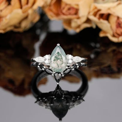 Moss Agate Bridal Wedding Rings Set for Women 925 Sterling Silver | Plated Platinum/Black Gold, Gothic, Vintage, Engagement Promise Ring, Anniversary Valentine Day Birthday Gift for Her - style: Platinum Plating Retro Cluster Ring