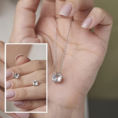 MAX + STONE 14k Gold Plated or Sterling Silver Cushion Cut Gemstone Stud Earrings and Pendant Necklace for Women with 6mm and 8mm Birthstones 18 Inch Chain and Push Backs Jewelry Set - style: Sterling Silver|Simulated Opal