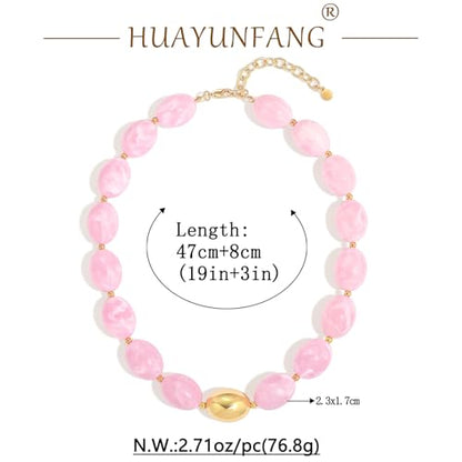 Chunky Beads Necklace for Women Trendy Gold Puffy Heart Choker Necklace Colorful Resin Beaded Heart Pendant Necklaces Statement Jewelry - color: Oval Beads-Pink