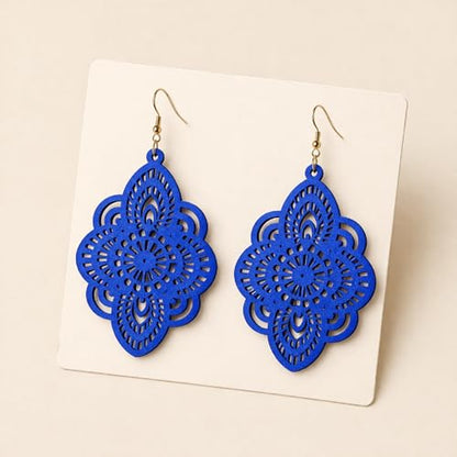 Boho Black Filigree Dangle Earrings for Women, Lightweight Hollow Lace Drop, Wood, 3.34" x 1.69", Bohemian Jewelry - color: Blue