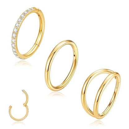 14G 16G 18G Surgical Steel Nose Septum Rings Hoops - Stainless Steel Segment Nose Rings Hoop Helix Cartilage Clicker Daith Tragus Sleeper Hoop Earrings for Women Men 6mm 8mm 10mm 12mm - color: Gold Plated 3PCS, size: 14g 10mm