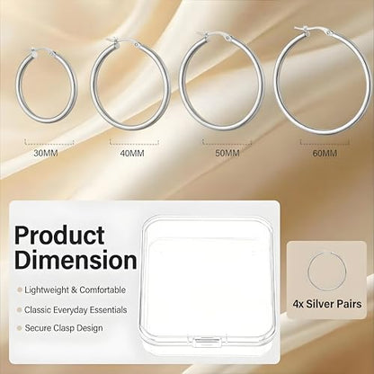 4 Pairs Silver Gold Hoop Earrings for Women,30/40/50/60 mm Stainless Steel 14K Silver Gold Plated Loop Earrings for Women Hypoallergenic Fashionable Lightweight Big Women Earrings Loop Earrings Set - color: Silver-30/40/50/60mm