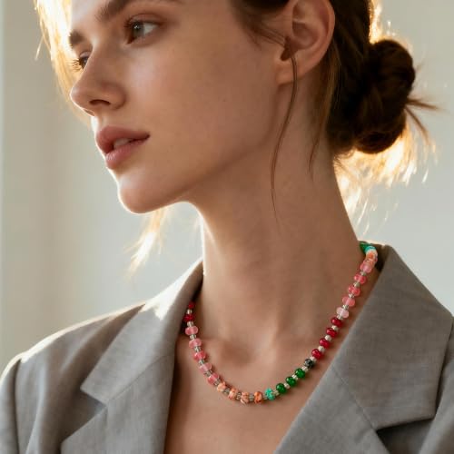 Colorful Beaded Choker Necklaces for Women | Large Natural Stone Bead, Boho Beach Necklace, Trendy Jewelry Gifts, 4 Style, 16+3 in - color: 02-Colorful-Red