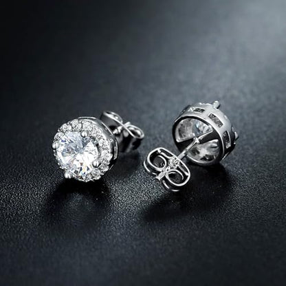 MDFUN Halo Stud Earrings 18K Gold Plated 5A+ Cubic Zirconia Round Earrings Hypoallergenic Ears Jewelry for Women Men - color: White Gold