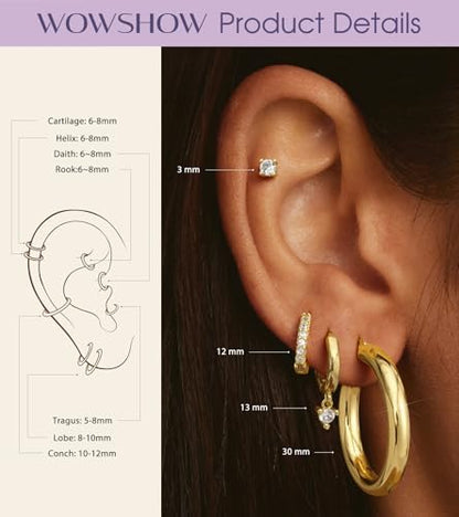 wowshow Gold Hoop Earrings for Women Chunky Hoops 14K Gold Plated Thick Hollow Tube Lightweight Earrings for Mother Birthday Gifts 20/25/30/40/50MM - color: Gold-30mm+10mm+8mm+stud