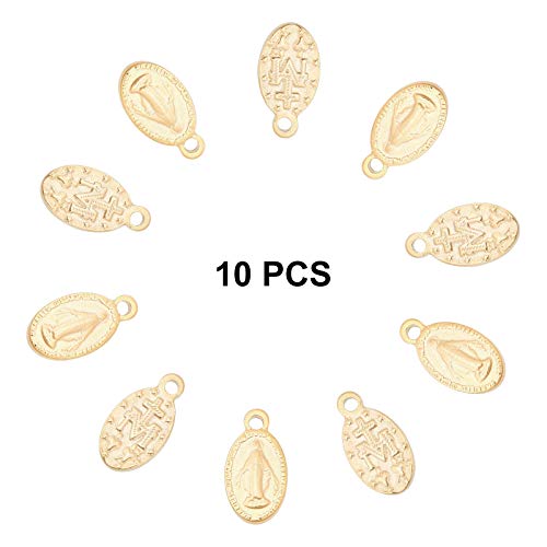 UNICRAFTALE 10pcs Oval Extender Chain Drop 304 Stainless Steel Pendants Oval with Virgin Mary Charms Golden Color 15mm End Drop Charm Connector for DIY Jewelry Making - color: Golden-S