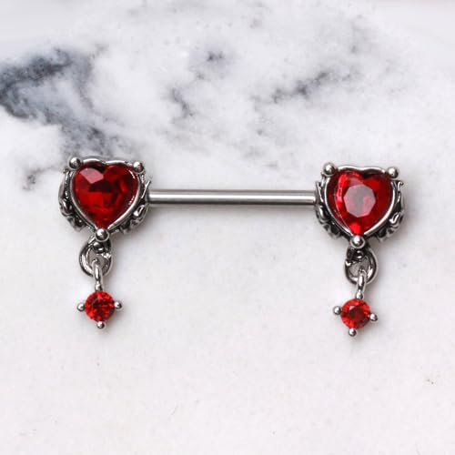 Pierced Owl 14GA 316L Stainless Steel Gothic Red CZ Crystal Heart with Dangling Gems Nipple Barbells, Sold as a Pair