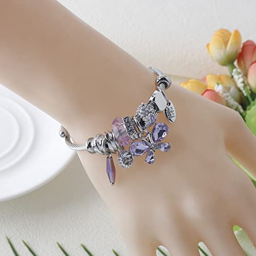 DS Charm Bracelets for girls,exquisite cute cartoon friendship bracelets Silver Stainless Steel Bangle with birthday Gift box, Adjustable girls jewelry Suitable for holiday gifts - style: Silver-purple butterfly2