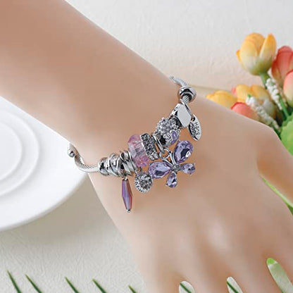 DS Charm Bracelets for girls,exquisite cute cartoon friendship bracelets Silver Stainless Steel Bangle with birthday Gift box, Adjustable girls jewelry Suitable for holiday gifts - style: Silver-purple butterfly2